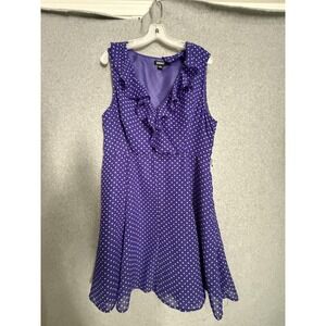 DKNY Dress Womens 16 Purple Polka Dot Ruffle V Neck Fit & Flare Chiffon Lined